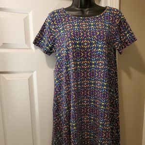 LULAROE Carly Dress Size XS Navy Background With Orange, Green, Yellow &  Blue